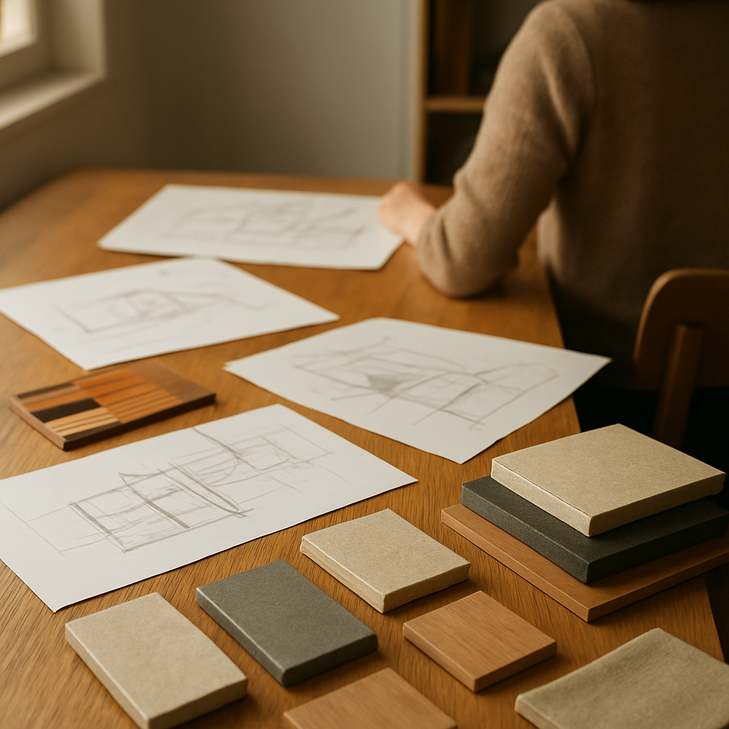 Espacio de trabajo del estudio: muestras de materiales, madera y bocetos