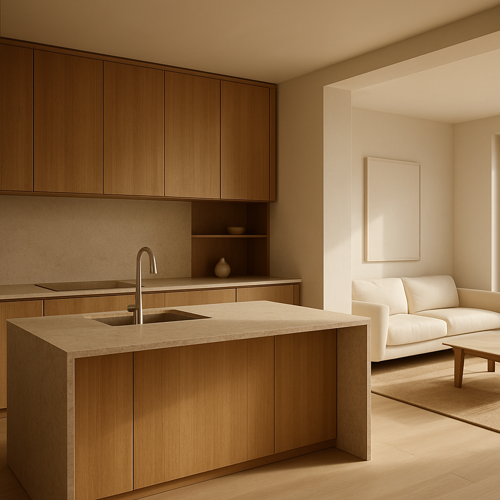 Cocina contemporánea con luz natural cálida, madera y piedra, diseñada por Integra Espacios